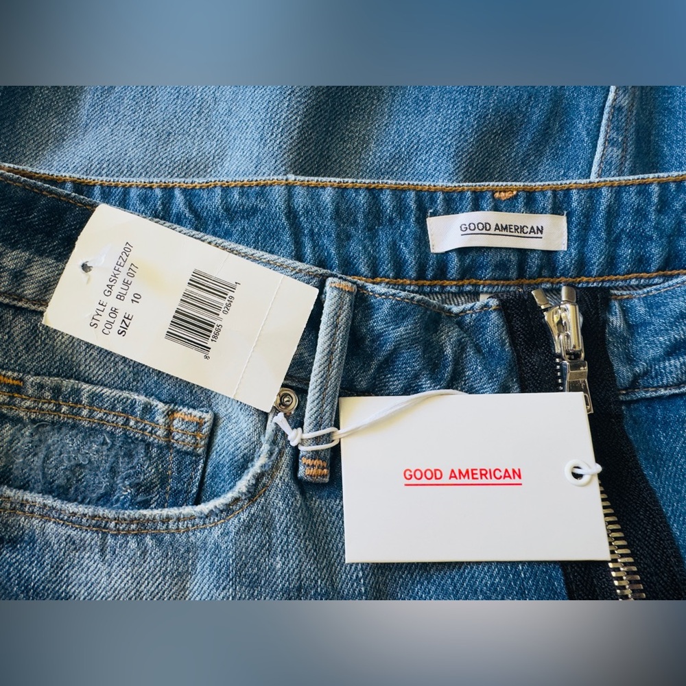 NWT Good American Distressed Blue Denim Exposed Zip Up Mini Skirt Sz10 - Picture 7 of 9